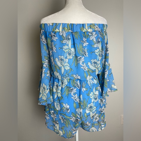 Lulu’s Stay Sweet Light Blue Floral Print Off-the-Shoulder Romper size S - Picture 8 of 10